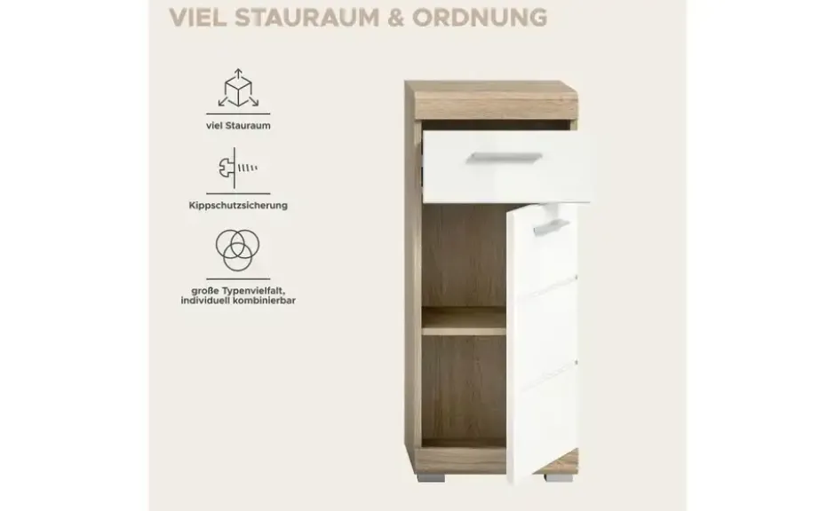 Unterschrank SCHLOONSEE, Breite 37cm, 1 Tür, 1 Schubkasten, 2 Fächer, MDF-Front in verschiedenen Farben erhältlich, Badmöbel, Badschrank, Kommode, Bad Schloonsee