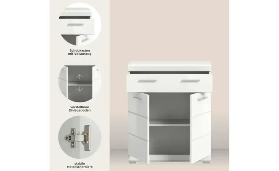 Unterschrank SCHLOONSEE, Breite 74cm, 2 Tür, 1 Schubkasten, 2 Fächer, MDF-Front in verschiedenen Farben erhältlich, Badmöbel, Badschrank, Kommode, Bad Schloonsee