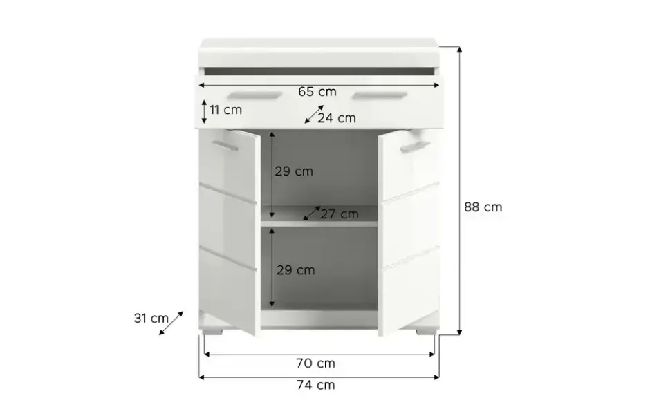 Unterschrank SCHLOONSEE, Breite 74cm, 2 Tür, 1 Schubkasten, 2 Fächer, MDF-Front in verschiedenen Farben erhältlich, Badmöbel, Badschrank, Kommode, Bad Schloonsee