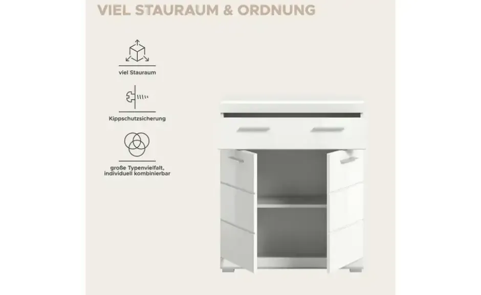 Unterschrank SCHLOONSEE, Breite 74cm, 2 Tür, 1 Schubkasten, 2 Fächer, MDF-Front in verschiedenen Farben erhältlich, Badmöbel, Badschrank, Kommode, Bad Schloonsee