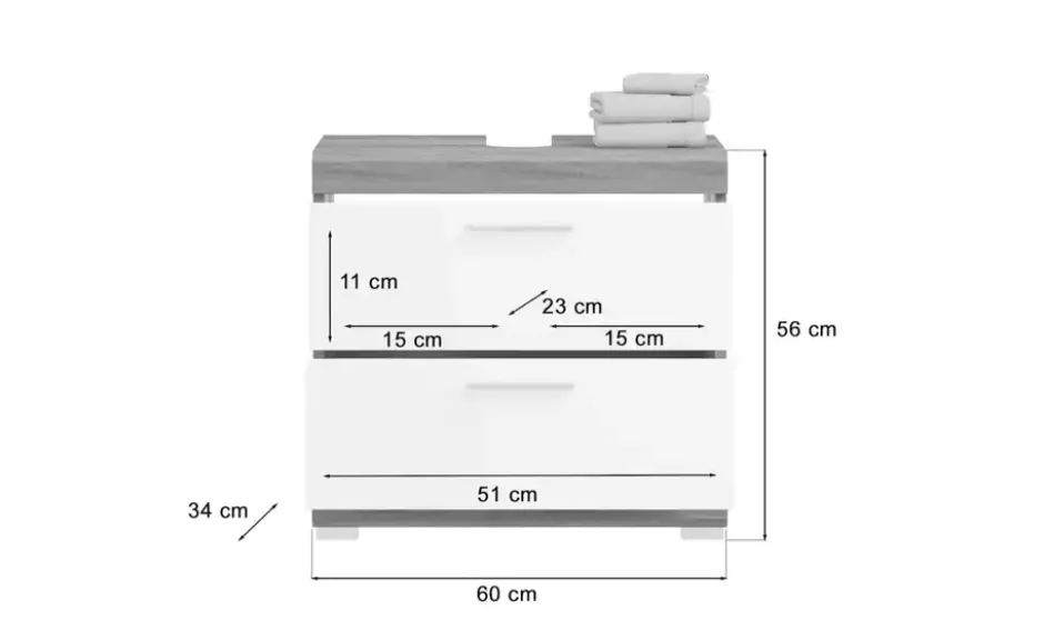 Waschbeckenunterschrank SCHLOONSEE, Breite 60cm, 2 Schubkästen, mit Siphonausschnitt, MDF-Front in verschiedenen Farben erhältlich, Badmöbel, Badschrank, Kommode, Bad Schloonsee