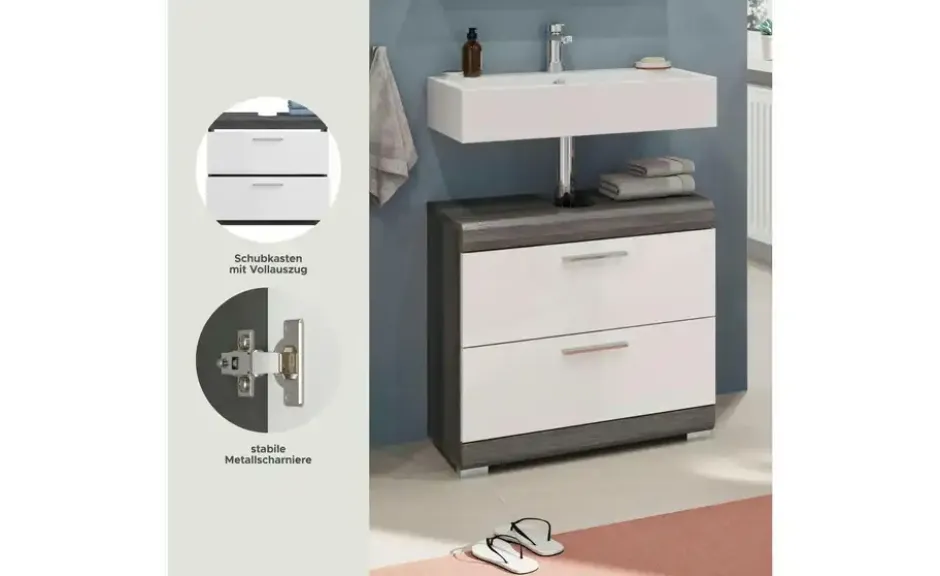 Waschbeckenunterschrank SCHLOONSEE, Breite 60cm, 2 Schubkästen, mit Siphonausschnitt, MDF-Front in verschiedenen Farben erhältlich, Badmöbel, Badschrank, Kommode, Bad Schloonsee