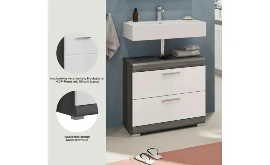 Waschbeckenunterschrank SCHLOONSEE, Breite 60cm, 2 Schubkästen, mit Siphonausschnitt, MDF-Front in verschiedenen Farben erhältlich, Badmöbel, Badschrank, Kommode, Bad Schloonsee