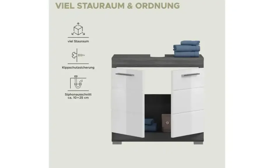 Waschbeckenunterschrank SCHLOONSEE, Breite 60cm, 2 Schubkästen, mit Siphonausschnitt, MDF-Front in verschiedenen Farben erhältlich, Badmöbel, Badschrank, Kommode, Bad Schloonsee