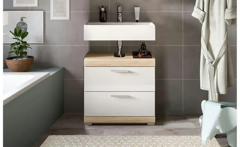 Waschbeckenunterschrank SCHLOONSEE, Breite 60cm, 2 Schubkästen, mit Siphonausschnitt, MDF-Front in verschiedenen Farben erhältlich, Badmöbel, Badschrank, Kommode, Bad Schloonsee