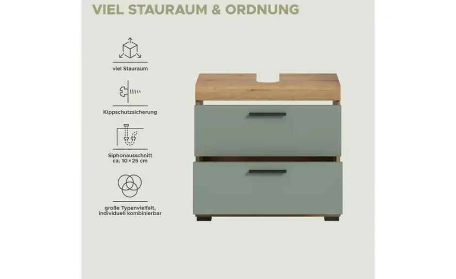 Waschbeckenunterschrank SCHLOONSEE, Breite 60cm, 2 Schubkästen, mit Siphonausschnitt, MDF-Front in verschiedenen Farben erhältlich, Badmöbel, Badschrank, Kommode, Bad Schloonsee