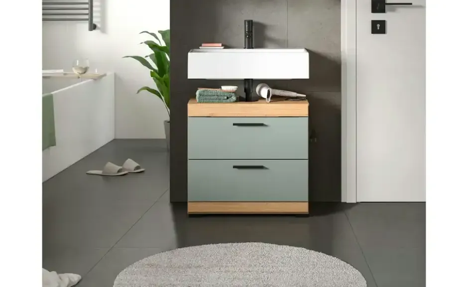 Waschbeckenunterschrank SCHLOONSEE, Breite 60cm, 2 Schubkästen, mit Siphonausschnitt, MDF-Front in verschiedenen Farben erhältlich, Badmöbel, Badschrank, Kommode, Bad Schloonsee