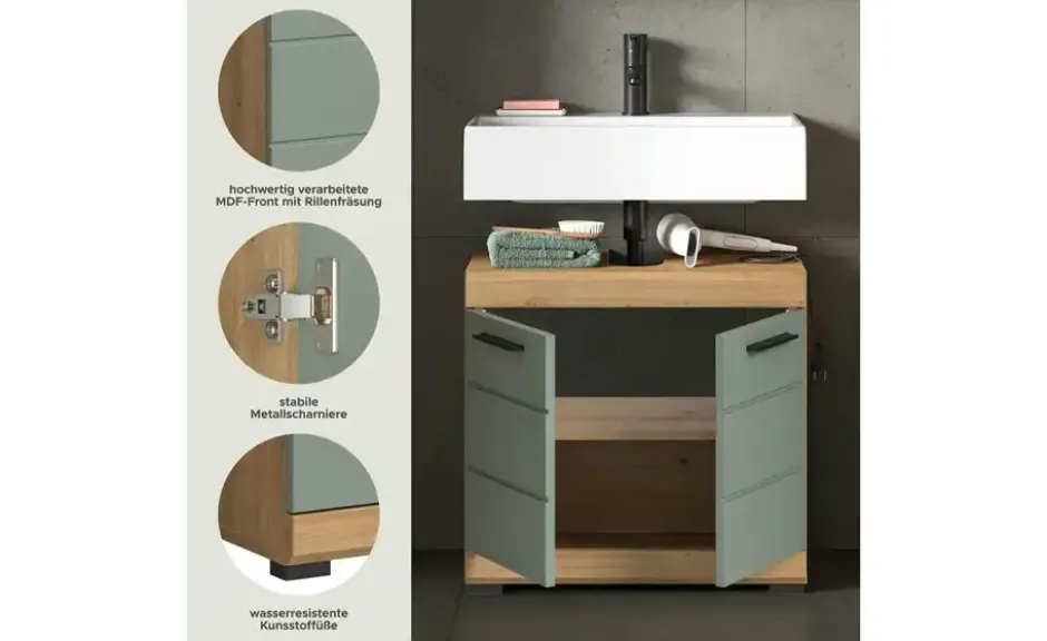 Waschbeckenunterschrank SCHLOONSEE, Breite 60cm, 2 Tür, 2 Fächer, mit Siphonausschnitt, MDF-Front in verschiedenen Farben erhältlich, Badmöbel, Badschrank, Kommode, Bad Schloonsee