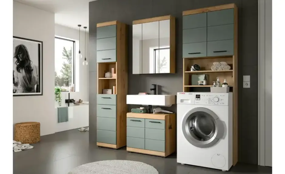 Waschmaschinenumbauschrank SCHLOONSEE, Breite 63cm, für Waschmaschine & Trockner, 2 Türen, MDF-Front in verschiedenen Farben, Überbauschrank, Umbauschrank, Badschrank Schloonsee