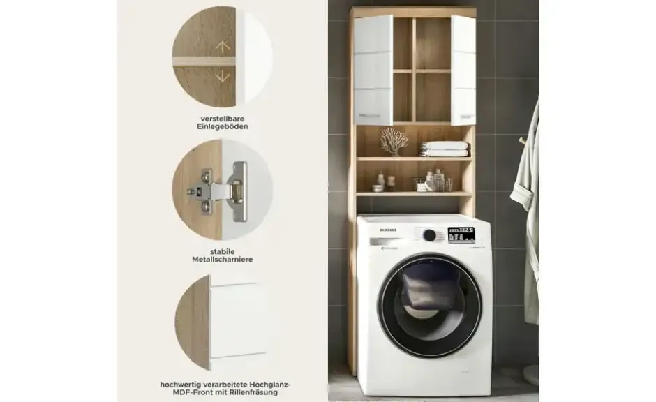 Waschmaschinenumbauschrank SCHLOONSEE, Breite 63cm, für Waschmaschine & Trockner, 2 Türen, MDF-Front in verschiedenen Farben, Überbauschrank, Umbauschrank, Badschrank Schloonsee